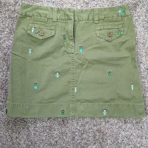 J.Crew Cotton Green Khaki Skirt with Embroidered Beetles. Size 6.